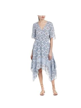 Anthropologie Moon River Blue Printed Handkerchief Hem Midi Dress Size M